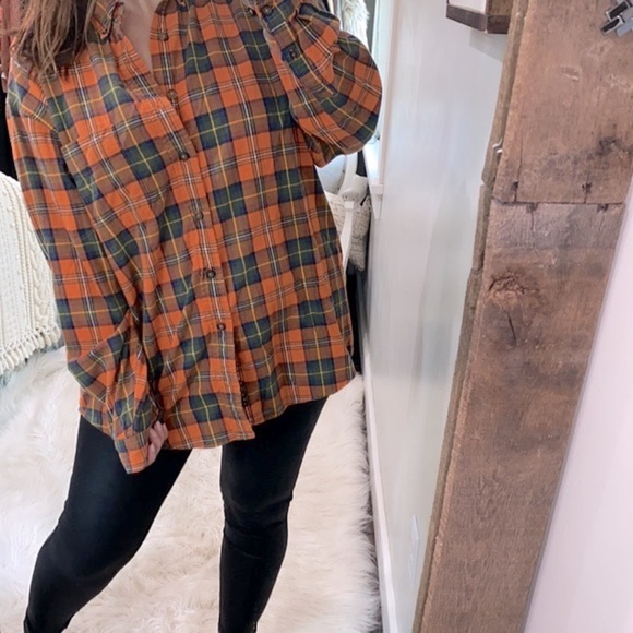 Eddie Bauer vintage orange plaid flannel button down cotton shirt size large - Picture 2 of 5